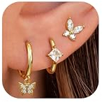 JeweBella 3 Paar Ohrringe Silber 925 für Damen Mädchen 14K Vergoldet Ohrstecker Silber 925 Kleine Creolen Gold Hypoallergen Ohrringe Hängend Zirkonia Schmetterling Ohrringe Set für Mehrere Piercings
