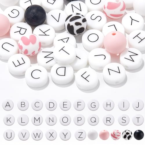 SUNNYCLUE 1 boîte de 36 Perles de Lettre en Silicone en Vrac Perles de L'Alphabet Anglais AZ Majuscule Blanc Noir Rose Perles Plates Rondes en Vrac pour la Fabrication de Bijoux Perles Loisirs Cré
