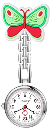 Silverora Taschenuhren Schwesternuhren Krankenschwestern Uhren: Leicht Ablesbare Analoge Quarz Krankenschwesternuhren Schmetterling Dekorative Fob Uhr mit Stethoskop Clip für Ärzte Schwestern grün rot