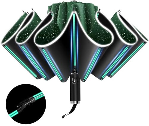 Automatisch öffnender und schließender Falt-Rückwärts-Regenschirm 10-Rippen (3+2 verstärkte Rippen) Regenschirm Knirps Groß mit Reflexstreifen, Sonnenschutz, tragbar für unterwegs und im Auto