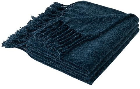 BATTILO HOME Navy Blue Throw Blanket for Couch Bed Sofa, Soft Cozy Chenille Throw Blanket with Fringe Tassels, Lightweight Knit Throw Blankets for Home Decor,130×150cm