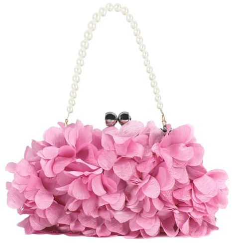Pandalein Borsa da donna con fiori e pochette in seta, da sera, da sposa, con manico, per matrimoni, balli e feste, Colore: rosa.