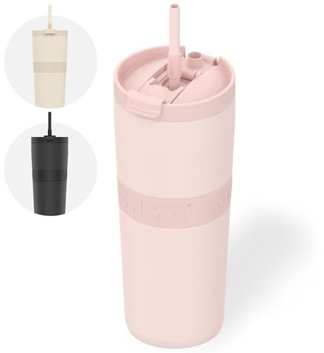 ONYX Trinkflasche mit Strohhalm - 0,7L Thermoskanne auslaufsicher, idealer Kaffeebecher to go, für heiße & kalte Getränke, Thermobecher BPA-frei, Edelstahl Isolierbecher mit Henkel, Rosa