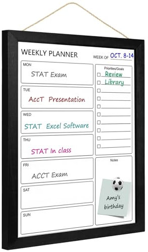 Dry Erase Whiteboard Weekly Calendar Board, Magnetic Whiteboard für Wand,33 cm x 43 cmMassivholz Schwarz gerahmt Message Board für Büro, Zuhause, Schule(Weekly-BB-BK-3343)
