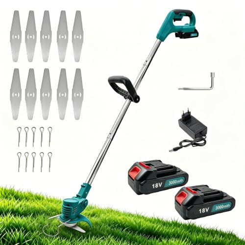 Akku-Rasentrimmer, kompatibel mit Makita 18V Batterie, mit 2x3000mAh Akku und Ladegerät,Verstellbarer Teleskop-Führungsholm 400W