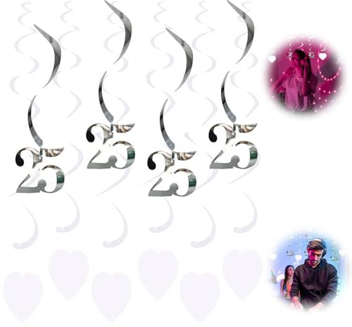 12 Stück Wirbel Deko, Silber Wirbel Dekorationen 25 Girlanden Hängedeko, Deckenhänger Spiral Luftschlangen für 25 Geburtstag, Hochzeit, Jubiläum oder Partydeko
