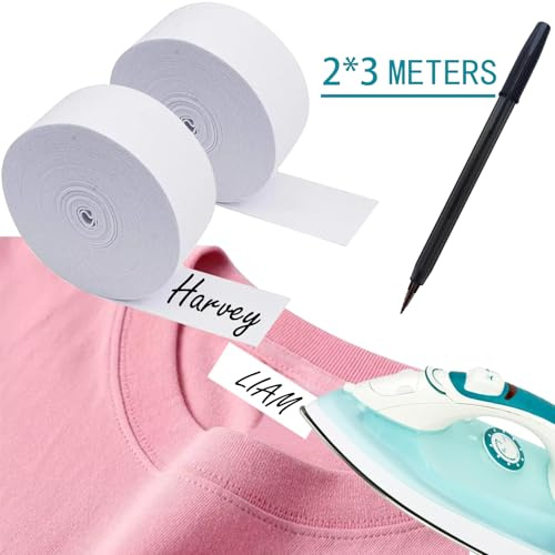 OUYOOLE Namensschilder zum Aufbügeln, 6 m x 2 cm, Namensschilder für Kleidung, Kinder, mit Stift, Alternative für Namensstempel für Kleidung, Kinder