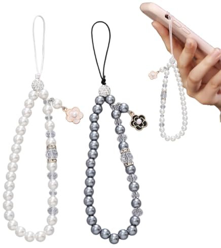 Catena per Cellulare Universale, Ciondolo per Cellulare, Cordino con Perle, Compatibile con Qualsiasi Telefono Cellulare, Smartphone e Custodia per Cellulare (Perle Bianche e Grigie)