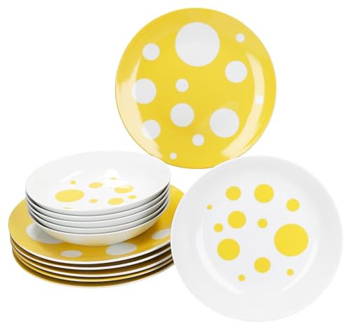 MamboCat Pula Service de table 12 pièces - Jaune - Vaisselle en porcelaine blanche à pois pour 6 personnes - 6 assiettes creuses et 6 assiettes plates pour petit-déjeuner, déjeuner et dîner