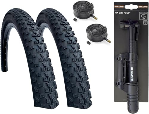 Baldys 29 x 2.25 Mountain Bike Tyres BLACK & Schrader Valve Inner Tubes (PACK OF 2) & Baldy's Mini Pump