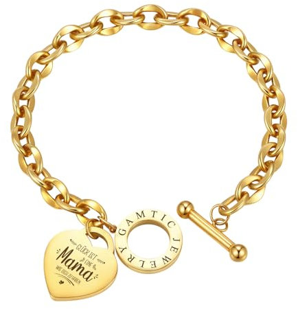 Gamtic Geschenke Mama Armband Damen - Edelstahl Gold Herz Charm Armband Damen mit Gravur, Elegant Kettenarmbänder mit OT Schnalle, Schmuck für Mama, Muttertag Geburtstags Weihnachten Geschenk
