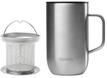 QWETCH - Mug Isotherme Inox Recyclé avec Anse & Filtre Infuseur Inox Brossé - Tisanière Isotherme 470ml - Thermos Café & Thé - 6h Chaud & 12h Froid - Bouchon Coulissant Anti-Éclaboussures