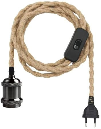 Mkichi Vintage Hanfseil Pendelleuchte Industrie Hängelampe mit Stecker,Pendellampe Kit Lampenfassung E27 mit Kabel,Seil Lampe Textilkabel Hängeleuchte mit Schalter Retro Lampenkabel (Schwarz 2M)