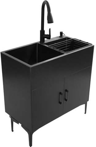 Spültisch Freistehend, Multifunktions Waschbecken Set mit Unterschrank & Ausziehbar Wasserhahn, 2 Becken, Mobiler Edelstahl Küchenspüle für Küchen Restaurants Cafés