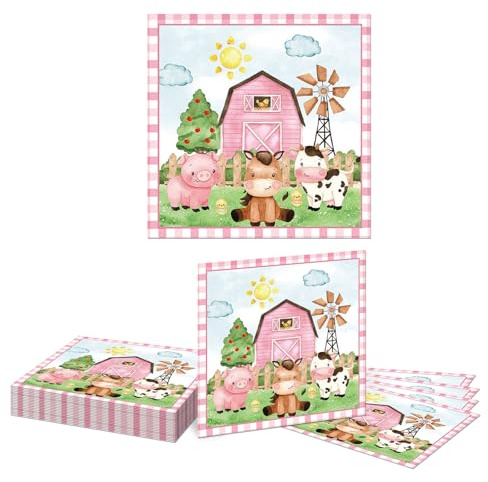 Kotkiddy 20 Stück Bauernhof Tiere Partyartikel Servietten Bauernhof Geburtstags Party Stall Tiere Thema Party süße Tiere Papier Servietten（Rosa）