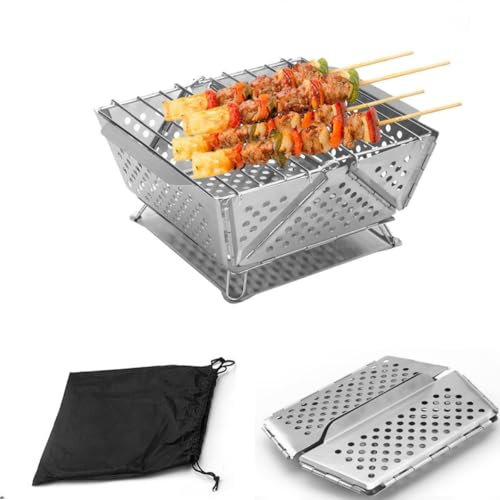Mini Grill - Stainless Steel Smoker for Camping, Multipurpose Portable Folding Charcoal BBQ Grill, Compact Outdoor Kitchen Grill for Tailgating, Boat and Balcony (1PC)