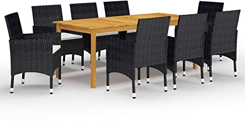 Bucmath 9-TLG. Garten-Essgruppe, Akazienholz Esstisch, 8 PE-Rattan Stühle Schwarz mit Cremeweißen Kissen, Outdoor Patio Möbel Set für Terrasse, Balkon