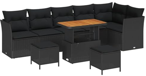 HFXHIJXQ Gartensofa Set 9 TLG Schwarz Poly-Rattan 90 x 55 x 71 cm modulare Gartenlounge wetterfest Eckbank Mittelbank Hocker Tisch für Balkon Terrasse und Garten