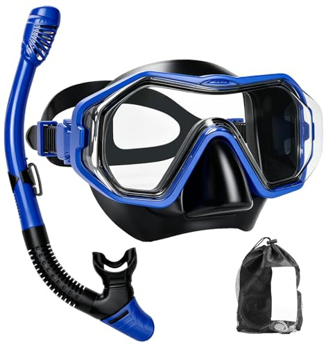 Heasin Gafas de Buceo Adulto, Gafas Snorkel, Panorámico de 180°Vidrio Templado, Gafas de Natación Antiniebla y a Prueba de Fugas, Equipo de Buceo para Nadar, esnórquel, Unisex (Negro y Azul)