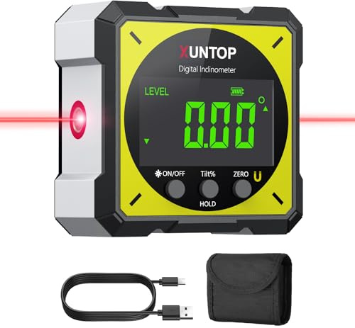 XUNTOP Inclinometro Digitale Ricaricabile 4 * 90° con Laser Goniometro Elettronico con 4 Lati Magnetico e Schermo LCD per Cantiere Domestico Casalingo