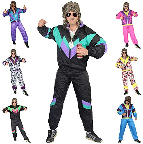 Foxxeo - Costume di Carnevale anni '80 per adulti, tuta da uomo, taglie: S-XXXXL, colore nero, verde, viola, taglia: L, Tuta da uomo, s