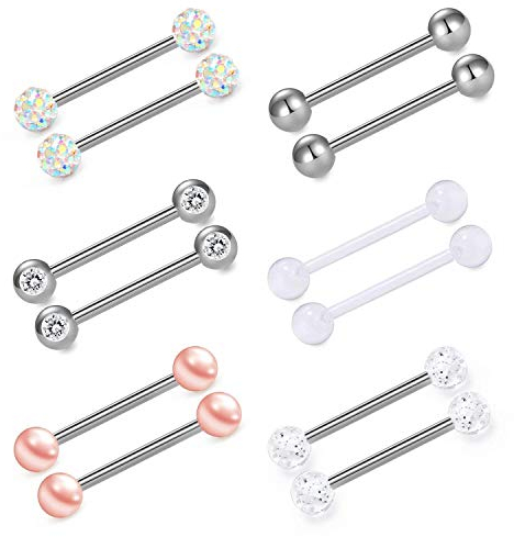 Incaton Chirurgenstahl Zungenpiercing Nipplerings Kristallkugel Glitzer Barbell Piercing Set 14 Gauge 12stk 18mm