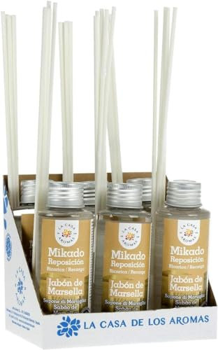La Casa de los Aromas - Ambientador Mikado Aroma Jabón de Marsella - Set Difusor Líquido para Reposición con Varillas - Fragancia Duradera - Ideal para el Hogar, Baño, Casa - 6 x 100 ml