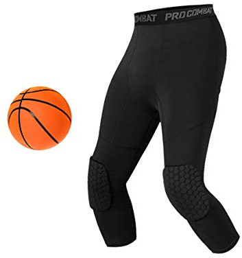 Unlimit Basketball Pants with Knee Pads, Black Knee Pads Compression Pants, 3/4 Capri Leggings, Black, XL