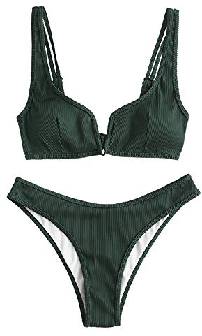 ZAFUL Damen Bikini Set, Zweiteilige Gerippter Bikini-Oberteil mit V-Verkabelung High Cut Bademode Sexy Swimsuit Sommer (Mittleres Waldgrün, M)