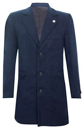 Tru Clothing Mens 3/4 Long Wool Navy Crombie Overcoat Jacket Blinders Trench Slim Fit Coat 40