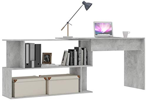 Tidyard Eckschreibtisch mit offenen Fächern drehbare Schreibtisch Computertisch PC Bürotisch Büro Winkelschreibtisch Betongrau 200x50x76 cm Spanplatte