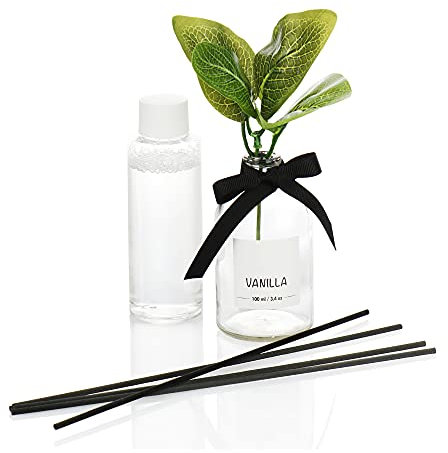 com-four® Lufterfrischer, Bezaubernder Raumduft, Duftölflakon mit Holzstäbchen und dekorativer Kunstblume, duftende Raumdekoration, Raumparfüm (1 Stück - 100ml - Vanille)