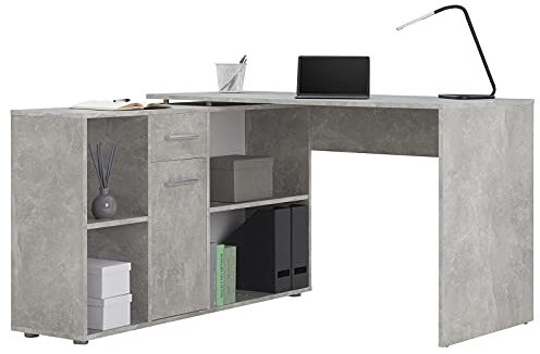CARO-Möbel Eckschreibtisch Diego mit Regal und Schublade, Bürotisch 4 Fächern, moderner Computerschreibtisch mit verschiedenen Aufbaumöglichkeiten in Betonoptik