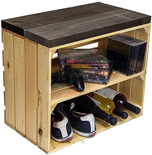 Kistenkolli Altes Land Sitzkiste Johanna Obstkiste und massiven Holzplanken Schuhablage Schuhkommode Hocker Sitzbank Holzbank Regalkiste aus Holz Maße 50 x 30 x 43cm L x T x H (Natur/schwarz)