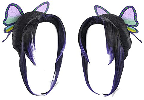 GZIRUE Lila Violett Schwarz Perücke Haar für Shinobu Kocho Wig Cosplay mit Schmetterling Haarschmuck Haarnadel Halloween Party Anime Kostüm Wig Cap