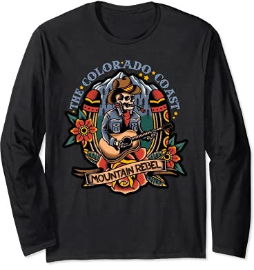 Cowboy Skeleton Playing Guitar - Colorado Mountain - Tattoo Long Sleeve T-Shirt