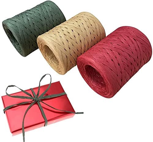 XND Lot de 3 rouleaux de ruban en raphia rouge vert naturel 400 m pour emballage cadeau, bricolage, décoration de vacances