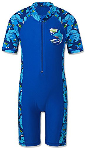 HUAANIUE Boys Swimming Short Sleeve Swimsuit 3-12Y Kids One Piece Swimwear Navy Sun Protection 50+ Swim Clothes UPF Warm Sportwear Costume Summer Surfing (ANavy,128/134)