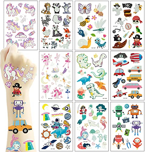 Deen Kinder Tattoo 10 Blätter Set,Leucht Gemischte Tattoo Kinder Aufkleber Kindertattoos Sticker für Jungen Mädchen Mitgebsel Kindergeburtstag Gastgeschenke Geburtstagsdeko Party Geschenke Deko