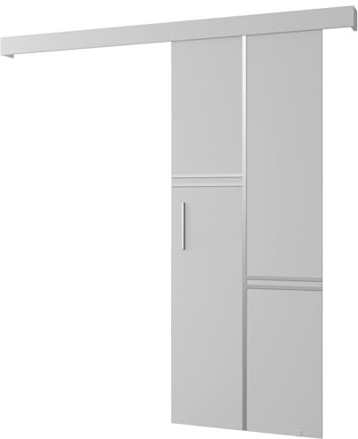 KRYSPOL Schiebetürsystem Salwador 8 Komplett-Set für Schiebetüren, Trennwände Innentüren, Modern Design (weiß matt/Gitter: weiß matt/Griff und Streife: Silber)