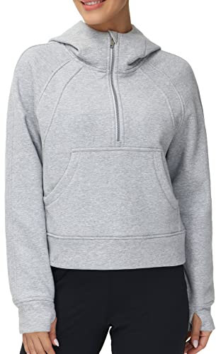 THE GYM PEOPLE Damen Hoodie Kapuzenpullover Halber Reißverschluss Langarm Fleece Crop Pullover Sweatshirts mit Taschen Daumenloch