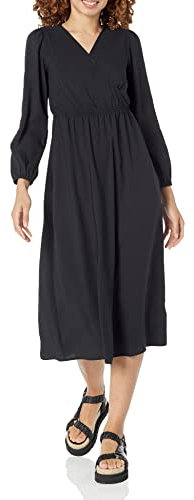 Amazon Essentials Vestido Midi Ligero Georgette de Manga Larga con Cuello de Pico (Disponible en Tallas Grandes) Mujer, Negro, XS