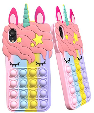 Unicorn Popit Push iPhone XR Silicone Phone Case Poppet Girls ADHD Autism Anti-Anxiety Stress Relief Shockproof Fidget Toy Phone Case for iPhone XR