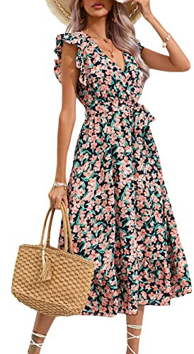 KOJOOIN Damen Sommerkleid Kurzarm Maxikleid Lange Wickelkleid Volant Kleid Rüschen Strandkleid V-Ausschnitt Elegante Blumenkleid mit Gürtel (Verpackung MEHRWEG), A-Blumen-Dunkelblau, M