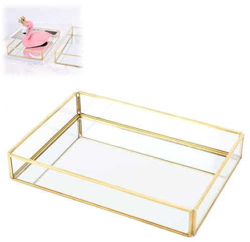 Cosmetic Trays, Gold Jewelry Tray, Vintage Metal Glass Storage Box Gold Tray, Jewelry Cosmetics Display Boxes Gold Boxes Decor Perfume Organizer Makeup Tray(Small)