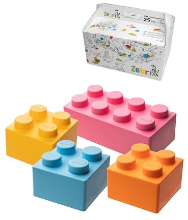 Zebrix XXL 25 Klemmbausteine 4 Sonderfarben I Große Bausteine in Pink, Hellblau, Orange, Gelb - (25 Steine) I Für Babys & Kinder I Made in Germany