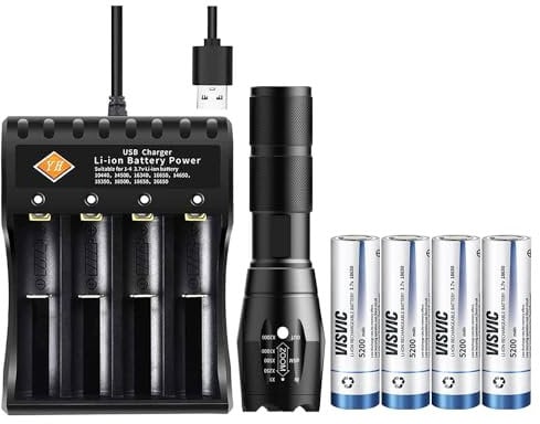 WWQQYY LED 18650 Torch, Bright LED Flashlight 5 Modes Waterproof Zoomable Handheld Torches with 4 Rechargeable Flat top 18650 Batteries & Charger for Camping Hiking Emergency