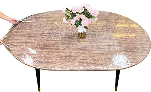LIBERECOO Transparente, ovale Vinyl-Tischdecke, strapazierfähig, elastische Tischabdeckung, elastischer Rand, Kunststoff-Tischdeckenschutz, ideal für den Innen- und Außenbereich (geeignet für ovale