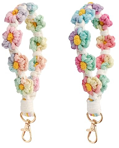 Makramee-Armband, Schlüsselanhänger, gewebtes Gänseblümchen-Design, handgefertigt, Boho-Seil, Handyhalter für Damen und Mädchen, Bunt 1, 15 cm