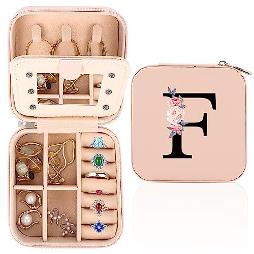 FIDWALL Portagioie da Viaggio, Portagioie con Monogramma, Porta Gioielli da Viaggio, Piccolo Portagioie da Viaggio con Specchio, Regalo di Compleanno per Donne, Porta Gioielli Donna(F)